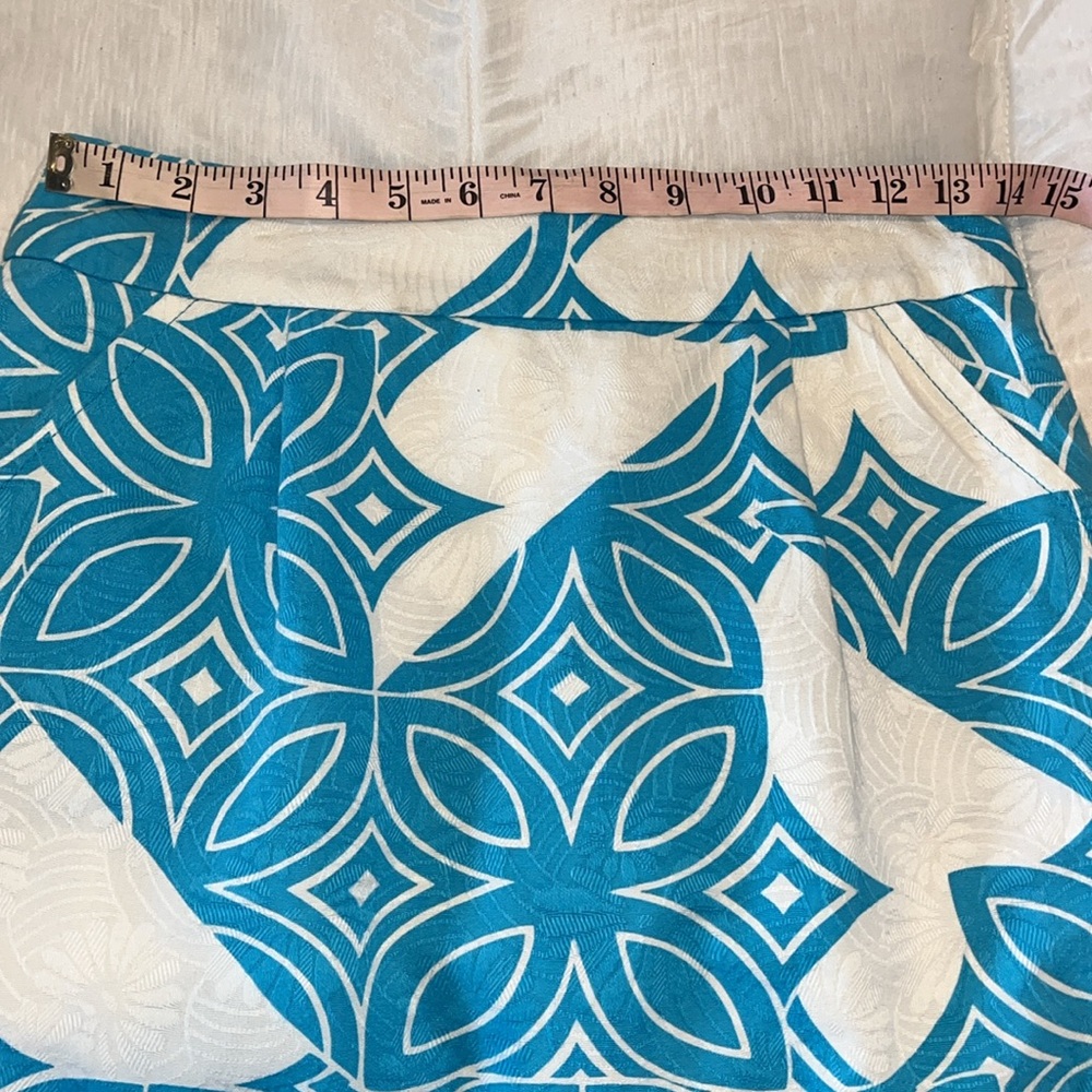 Trina Turk Cotton Mini Skirt Size 2 Turquoise Geometric Print Pockets - Picture 7 of 13
